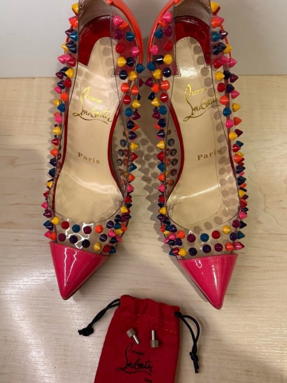 Christian Louboutin Hot Pink Multicolor Spike PVC Pointed Pumps
